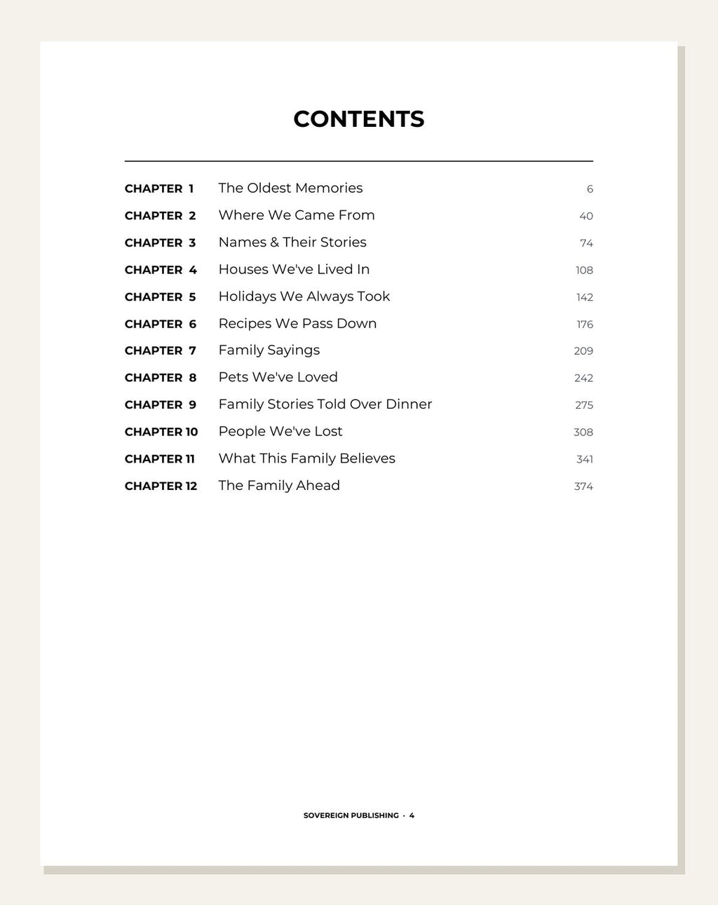Our Family Tree — contents page