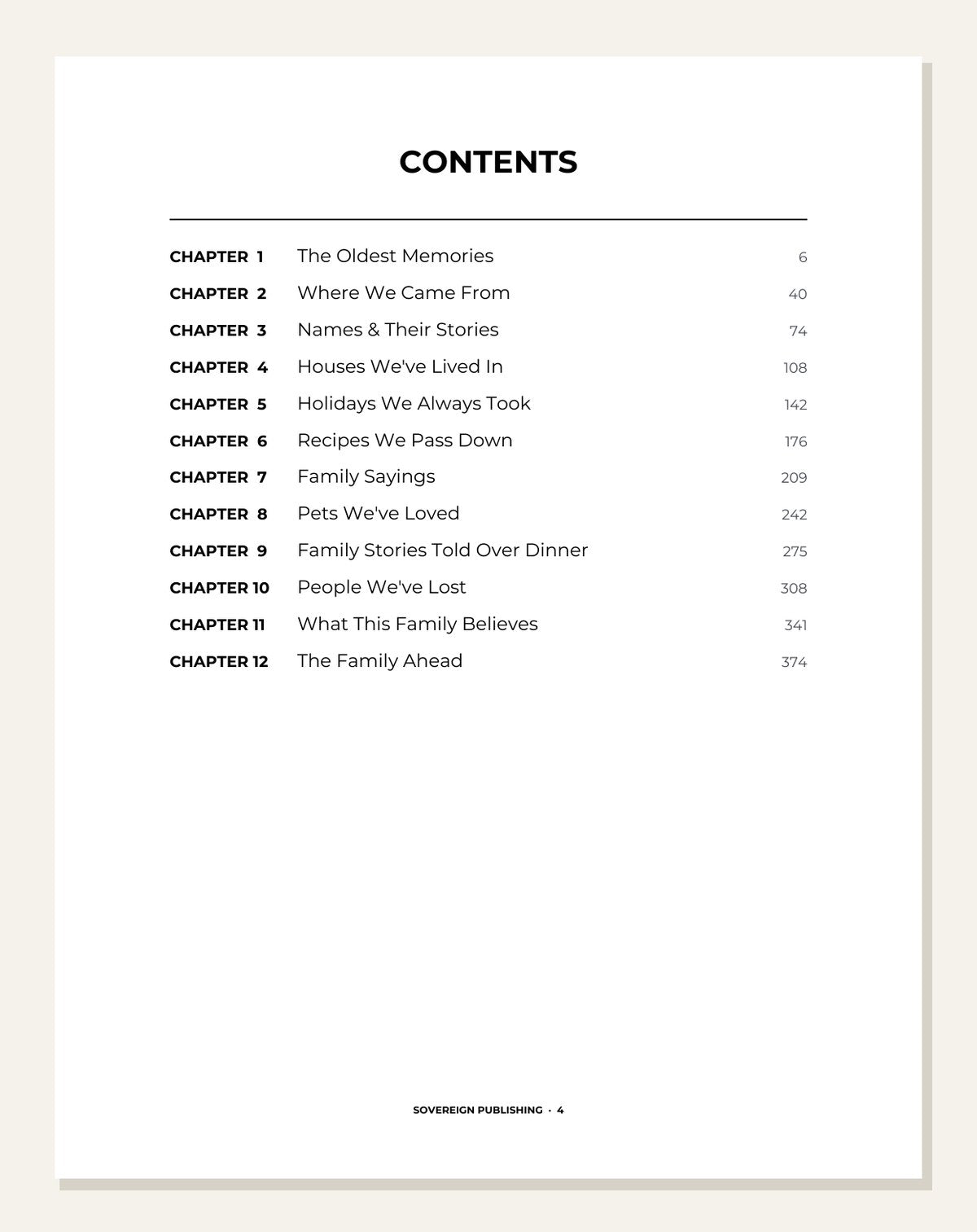 Our Family Tree — contents page